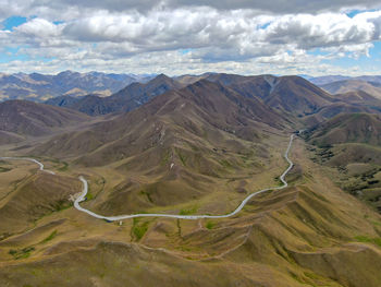 Drone view of highway 8, lindis pass between otago and canterbury regions, south island, new zealand