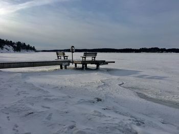 Scenic view of lake against sky during winter