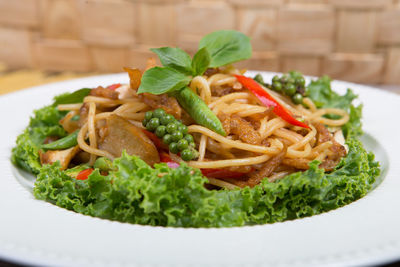 Close-up of salad served in plate on table