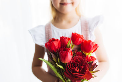 Midsection of woman holding red flower against white background