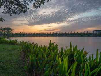 Scenic view of lake against sky during sunset