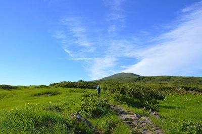 Rear view of hiker walking on mount gassan