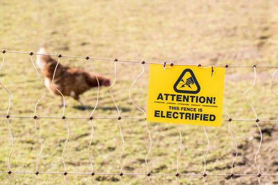 View of signboard on field seen through fence