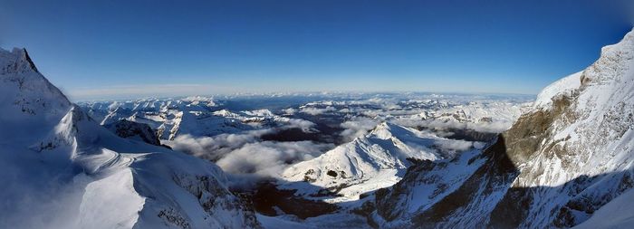 Panoramic view of snowcapped mountains against clear blue sky