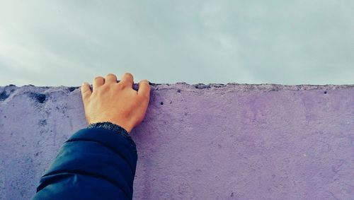 Cropped image of man on purple retaining wall against sky