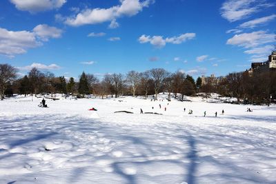 People skiing on snow against sky