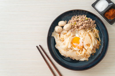 High angle view of breakfast served on table