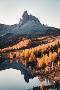 Scenic view of lake and mountains against clear sky