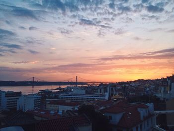 Cityscape against cloudy sky at sunset