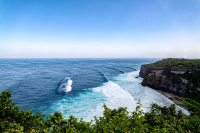 High angle view of sea against clear sky