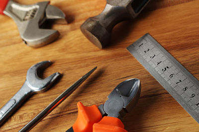 High angle view of tools on table