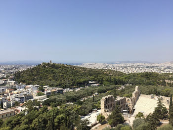 View of the philopappos monument and the odeon of herodes atticus seen from the athenian acropolis.