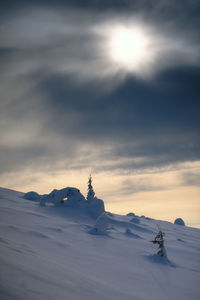 Scenic view of snowcapped field against sky during sunset