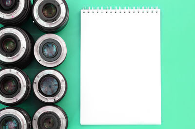 High angle view of objects over white background