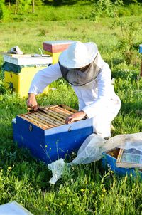 High angle view of man working on field