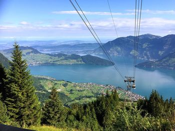 High angle view of overhead cable car against sky