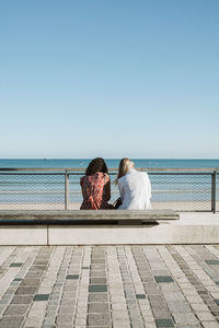 Rear view of woman sitting by sea against clear sky