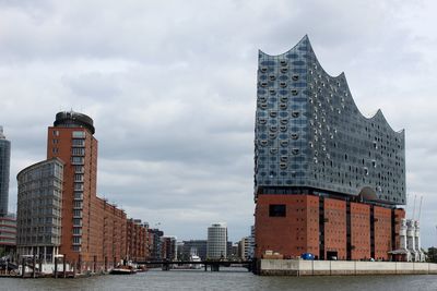 Low angle view of buildings against cloudy sky