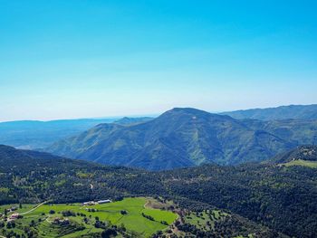 Scenic view of mountains against clear blue sky