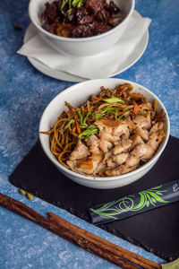 High angle view of noodles in bowl on table