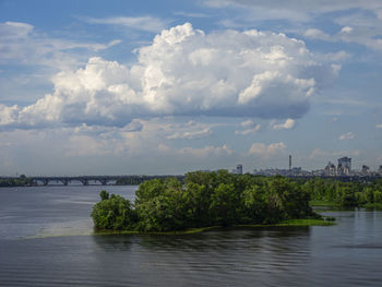 Scenic view of river against sky in city