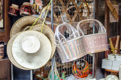 Close-up of baskets for sale