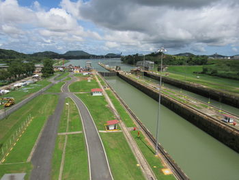 High angle view of road amidst plants against sky