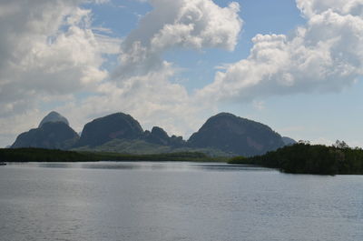 Scenic view of lake and mountains against sky