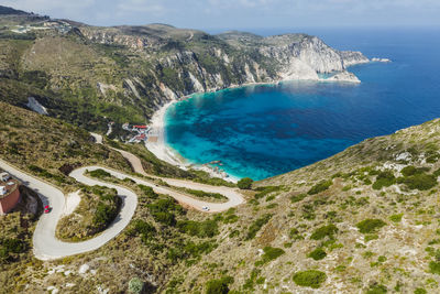 High angle view of sea and mountains