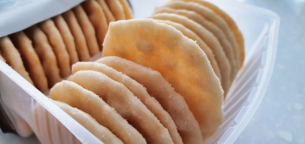 High angle view of bread in plate on table