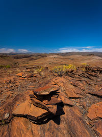 Scenic view of desert against blue sky