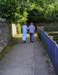 Rear view of couple walking along trees