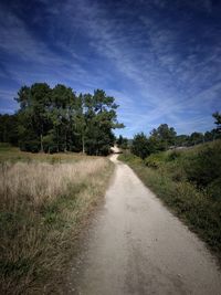 Road amidst trees on field against sky