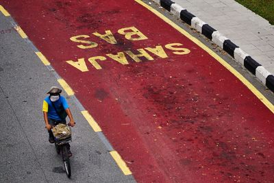 High angle view of text on street