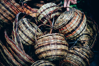 Close-up of baskets for sale in market