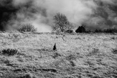 Mid distance view of person walking on grassy hill against cloudy sky