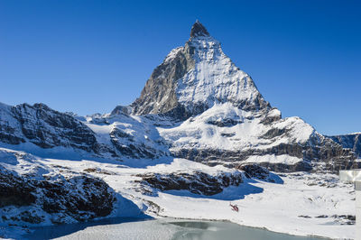 Scenic view of snowcapped mountains against clear blue sky