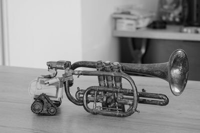 Close-up of trumpet on table