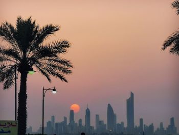 Silhouette tree and buildings against sky at sunset