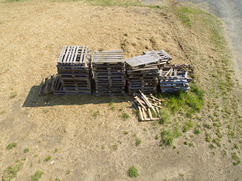 High angle view of stack on field