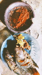 High angle view of food served on table