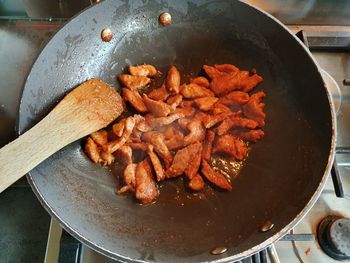 High angle view of meat in cooking pan