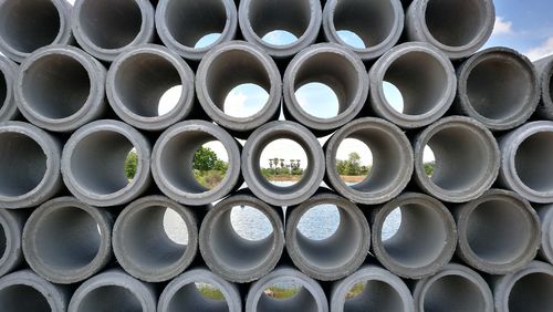 Panoramic view of stacked pipes