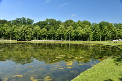 Scenic view of lake by trees against sky