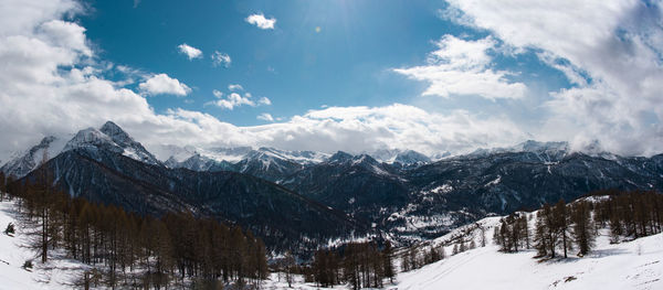 Scenic view of snowcapped mountains against sky