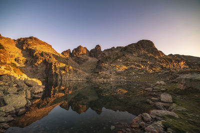 Scenic view of lake and mountains against clear sky