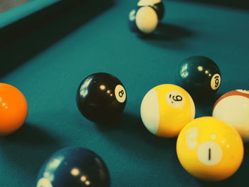 Close-up of pool balls on table