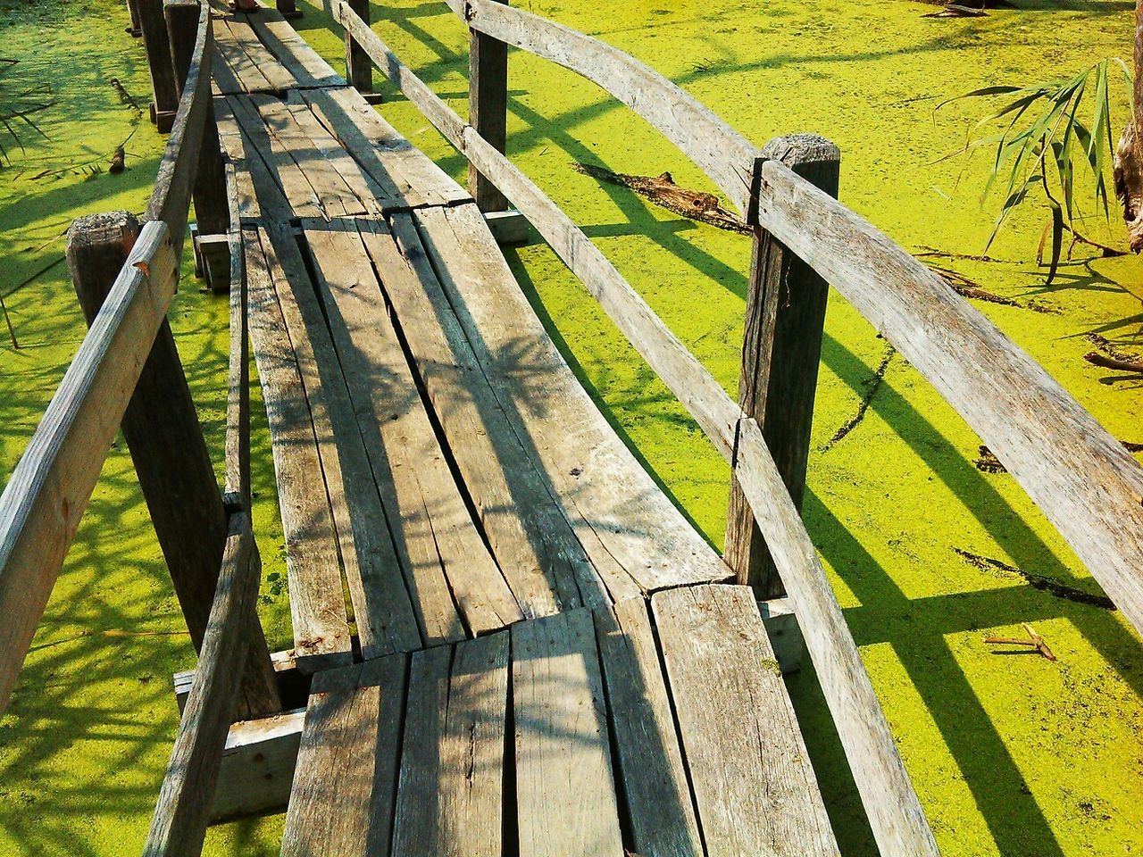 railing, grass, high angle view, field, steps, sunlight, shadow, wood - material, the way forward, fence, metal, tranquility, wooden, nature, staircase, green color, bench, day, no people, park - man made space