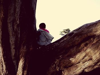 Rear view of man on rock against sky