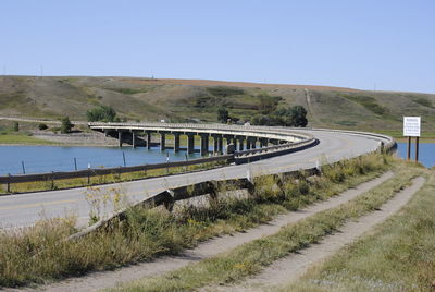 Bridge over road against clear sky